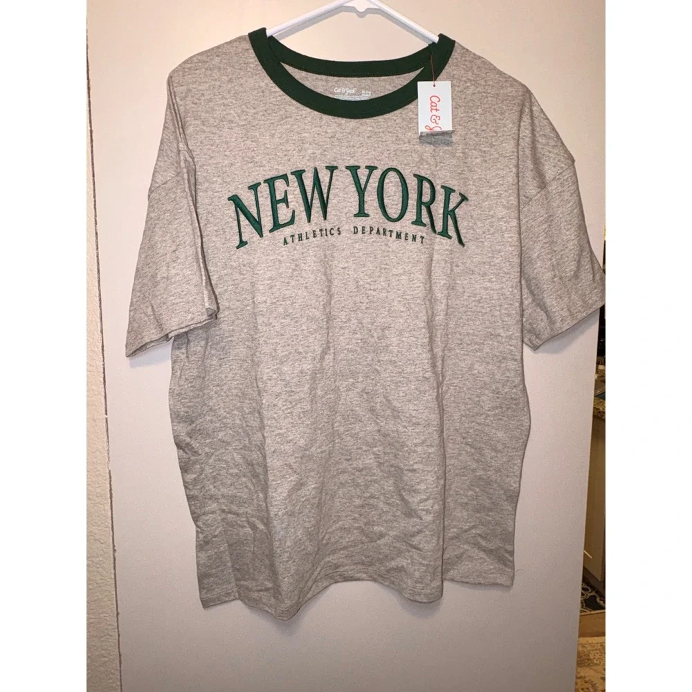 Cat &‎ Jack Boys New York Athletics Ringer Tee Gray Green XL 14 Husky NWT